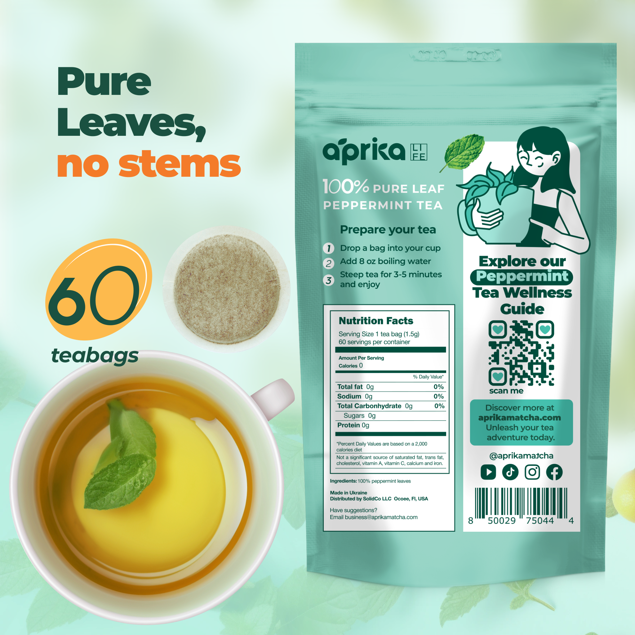 Aprika Life 100% Pure Peppermint Herbal Tea, 60 Bags
