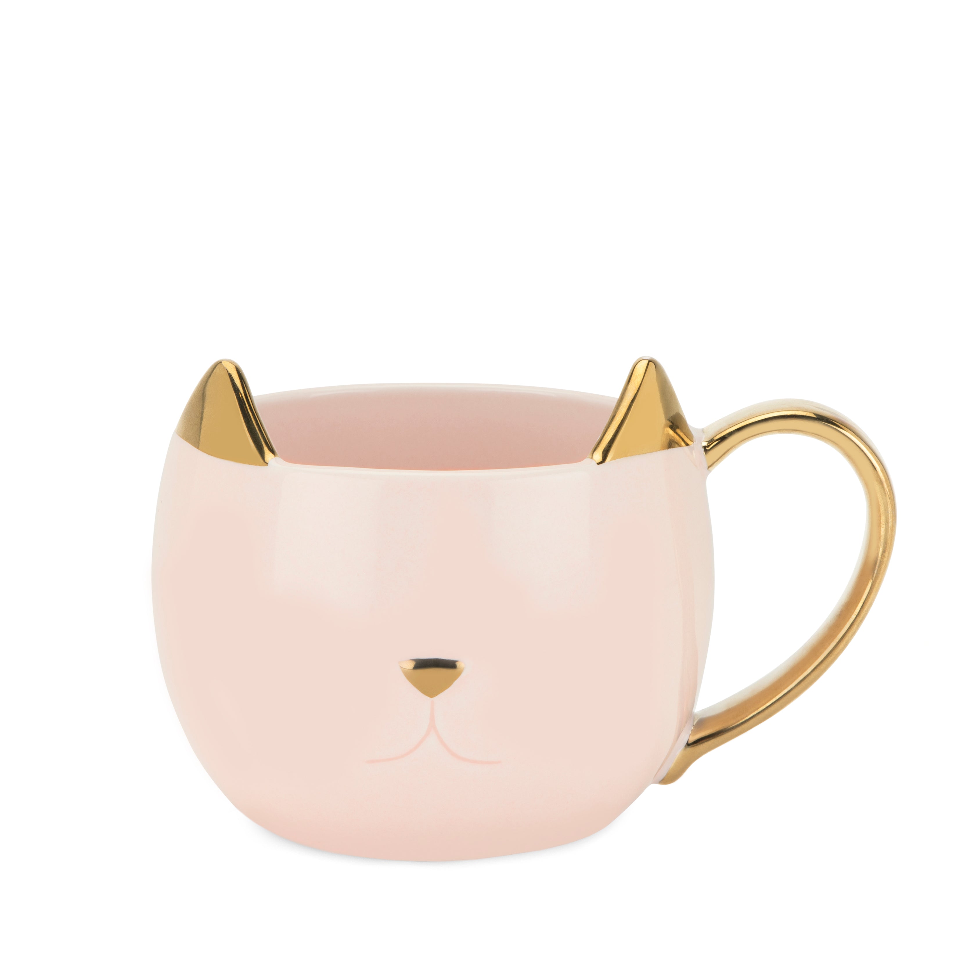 Pinky Up Chloe Pink Cat Mug, 12 oz ceramic mug with metallic finish, designed for tea and coffee, hand wash only.