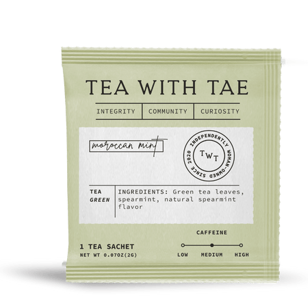 Tea with Tae Moroccan Mint 50 ct. Overwrap Bag featuring individually-wrapped pyramid tea bags with green tea and mint blend.