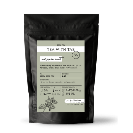 Tea with Tae Moroccan Mint Iced Green Tea Pouch with 8 pillow bags for brewing 16 quarts of iced tea, eco-friendly packaging.