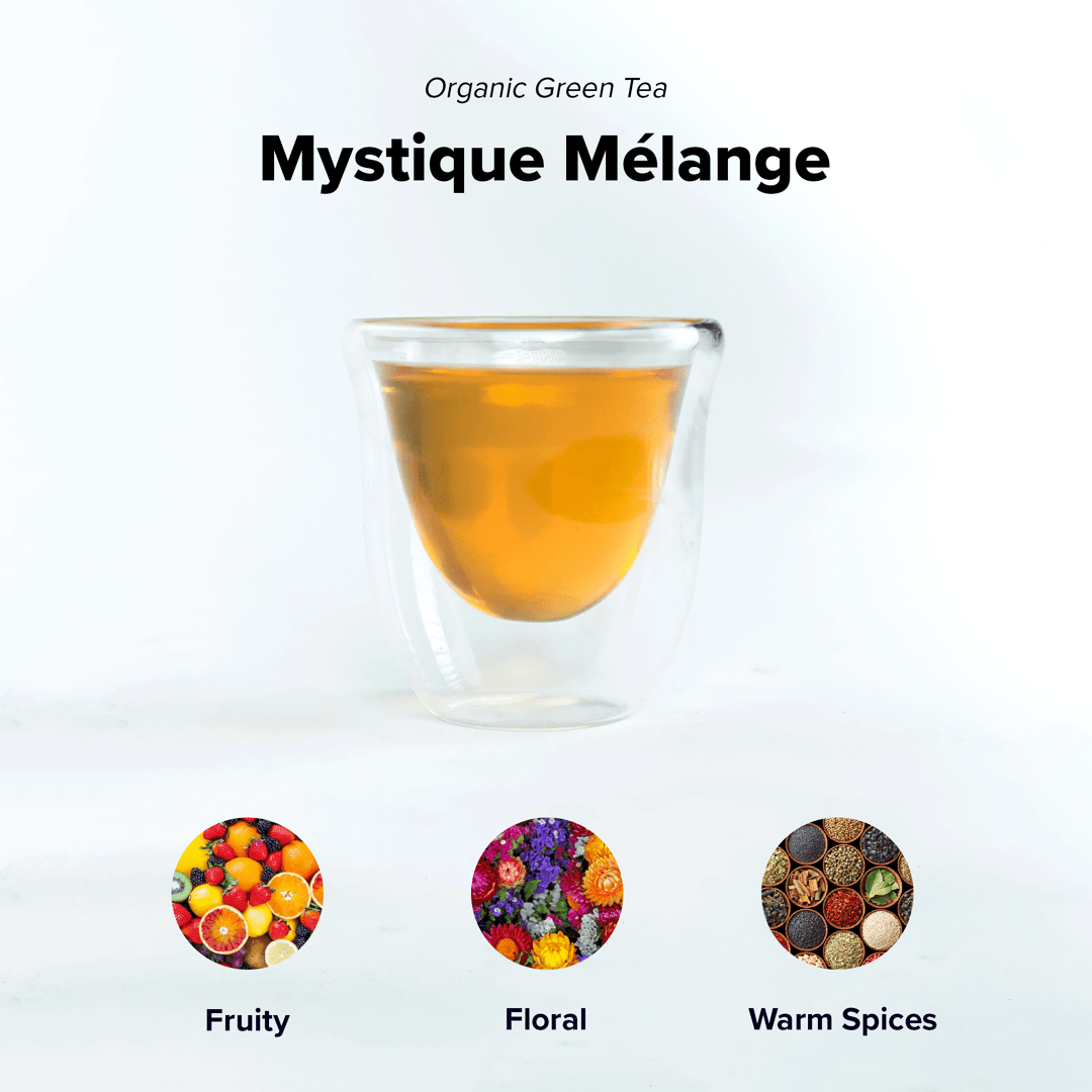Mystique Mélange tea blend by Nepal Tea, displayed in packaging with vibrant colors and an intricate design.