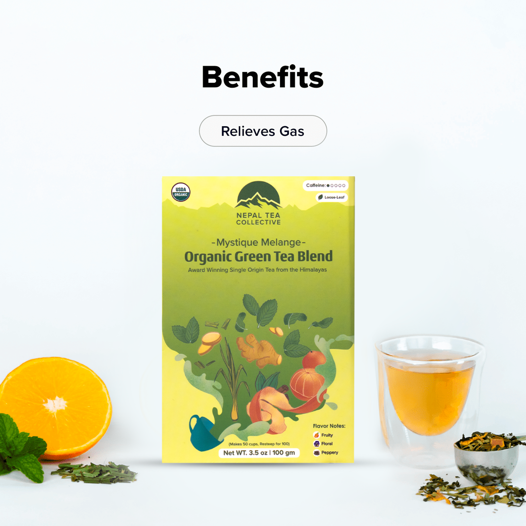 Mystique Mélange tea blend by Nepal Tea, displayed in a clear packaging with loose tea leaves visible.