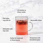 Pinky Up Blake Glass Tea Infuser Mug with a clear glass body and infuser, ideal for brewing loose leaf tea.