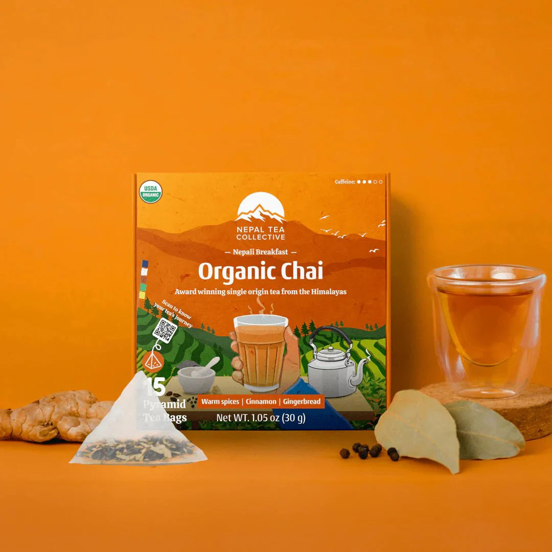Nepali Breakfast (Classic Chai) - 15 Pyramid Tea Bags by Nepal Tea, showcasing the tea bags and their packaging.