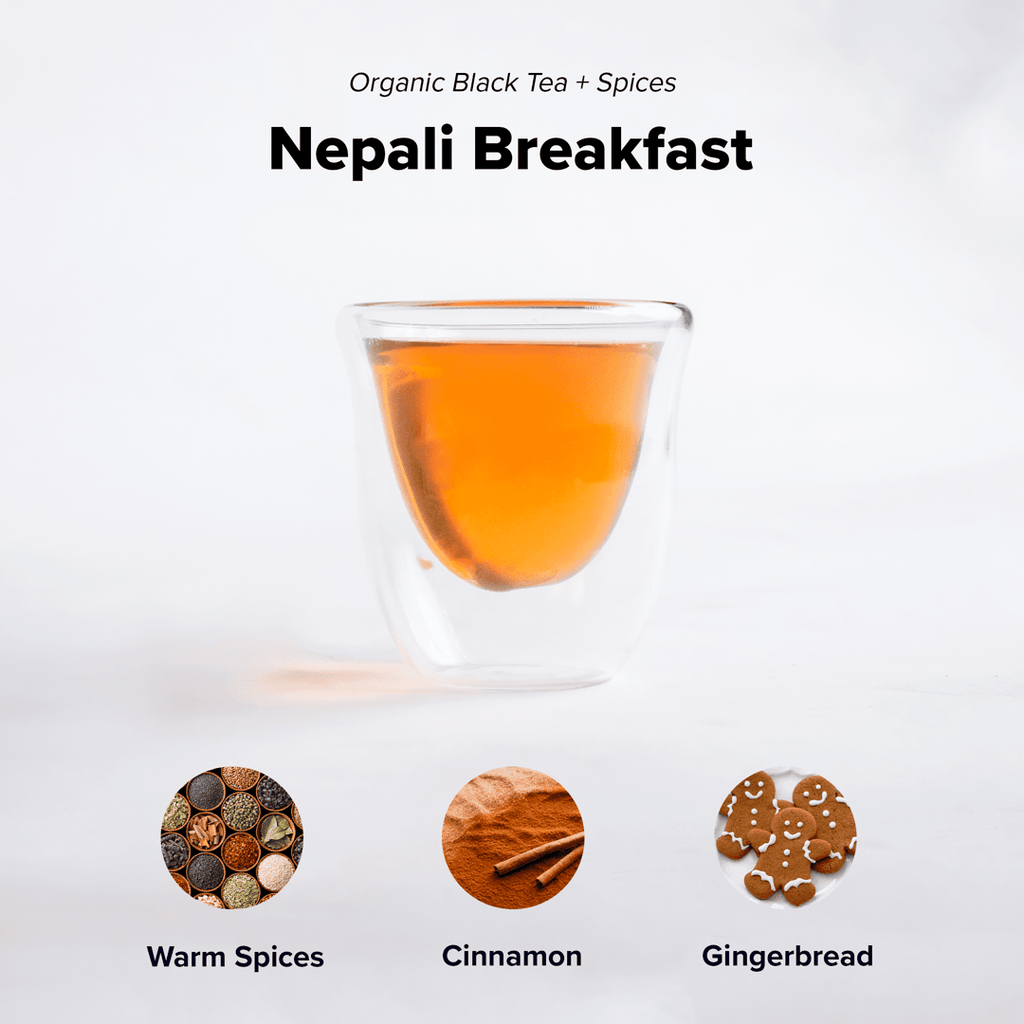 Nepali Breakfast (Classic Chai) - 15 Pyramid Tea Bags by Nepal Tea, displayed in packaging with pyramid-shaped tea bags.