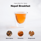 Nepali Breakfast (Classic Chai) - 15 Pyramid Tea Bags by Nepal Tea, displayed in packaging with pyramid-shaped tea bags.