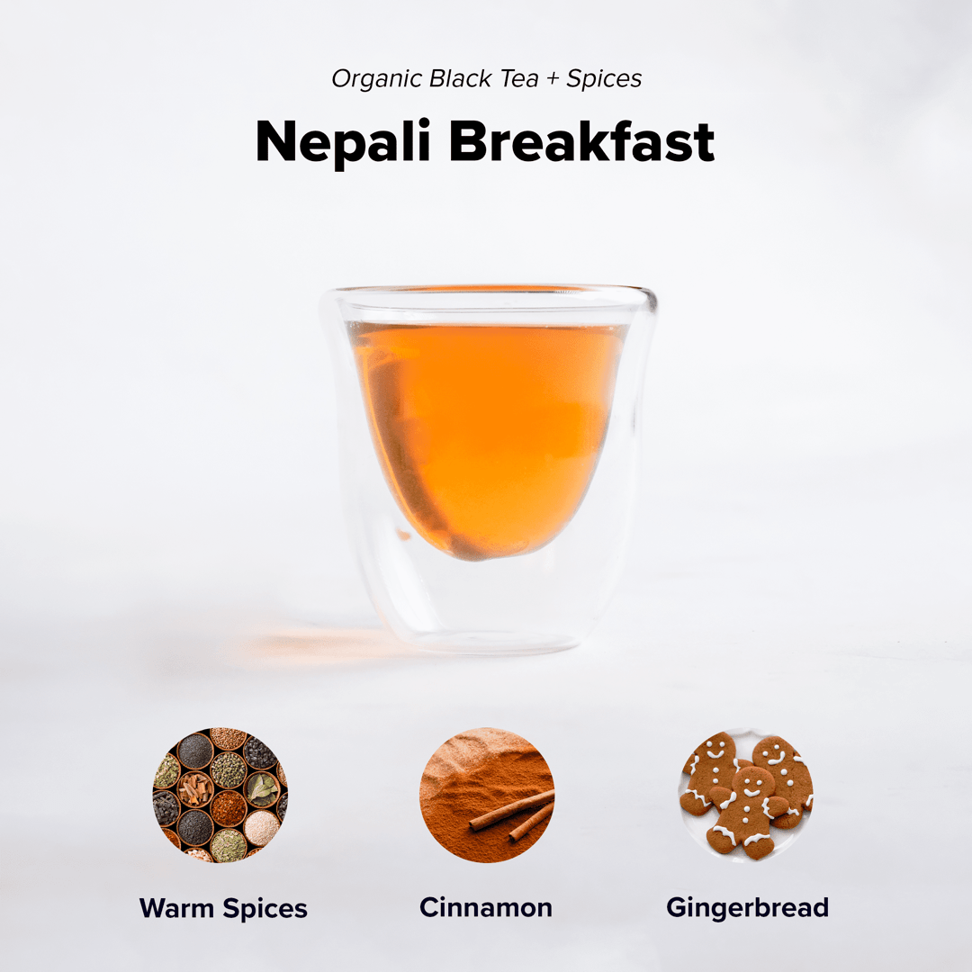 Nepali Breakfast (Classic Chai) - 15 Pyramid Tea Bags by Nepal Tea, displayed in packaging with pyramid-shaped tea bags.