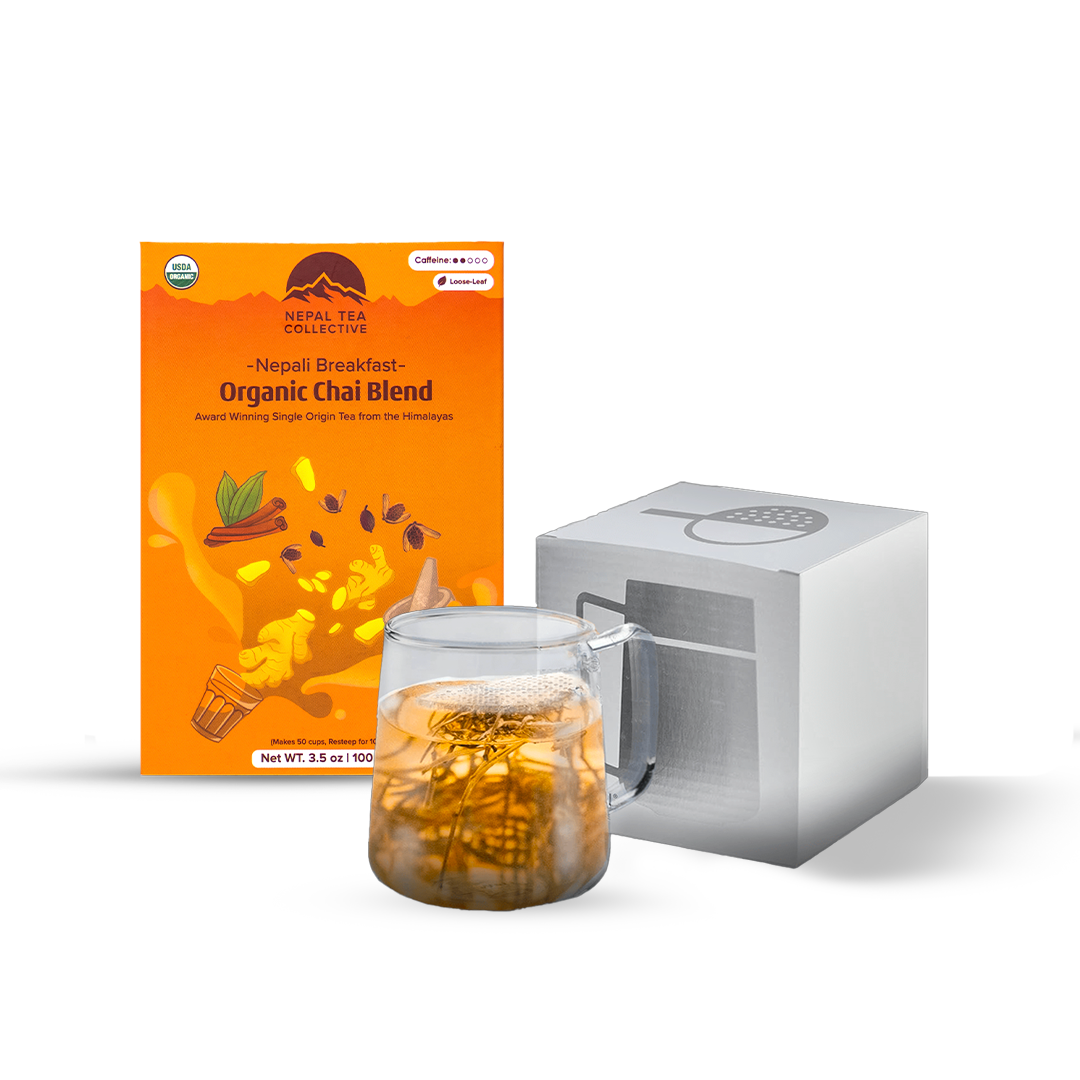 The WALL® Tea Infuser Bundle by Nepal Tea, featuring a tea infuser, cup, and accessories for brewing loose leaf tea.