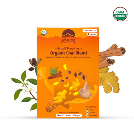 Nepali Breakfast tea by Nepal Tea, a medium-bodied black tea with masala chai spices, black pepper, and cardamom.