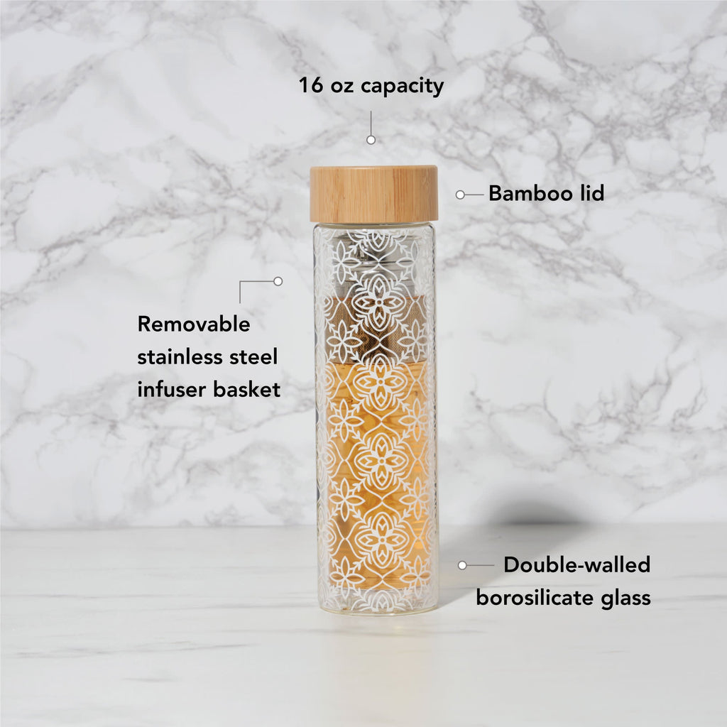 Pinky Up Blair: Marrakesh Glass Travel Infuser Mug featuring a clear glass design and infuser for brewing tea on the go.