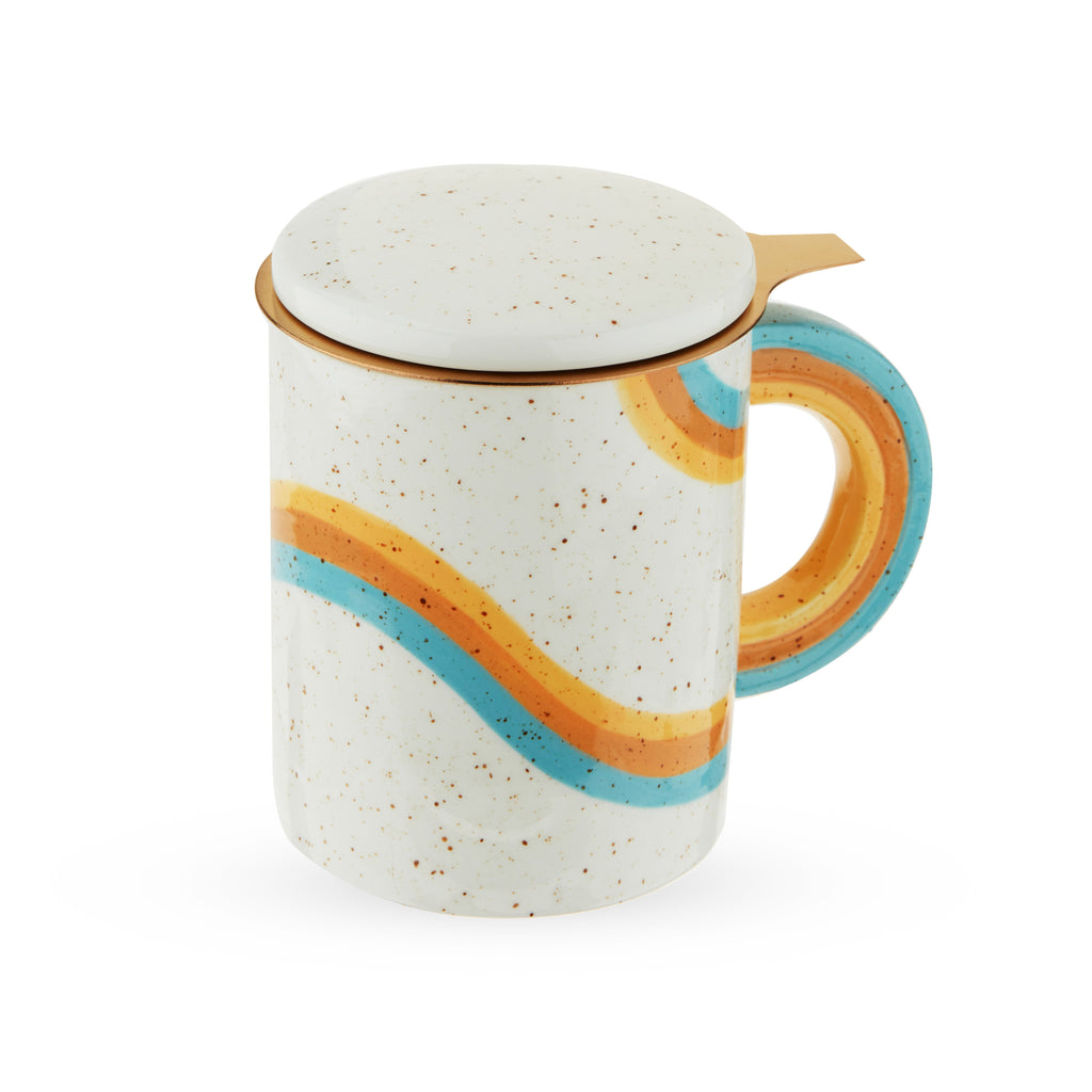 Pinky Up Everlee Infuser Mug with Lid, white speckled ceramic tumbler, 12 oz capacity, includes infuser, colorful rainbow accents.