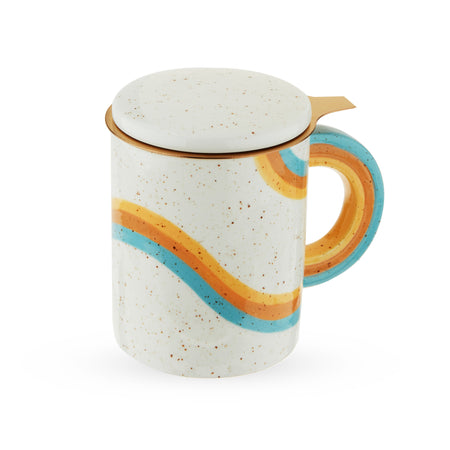 Pinky Up Everlee Infuser Mug with Lid, white speckled ceramic tumbler, 12 oz capacity, includes infuser, colorful rainbow accents.