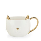 Pinky Up Chloe White Cat Mug, a 12 oz. ceramic mug with a metallic finish, shaped like a cat, ideal for tea or coffee.