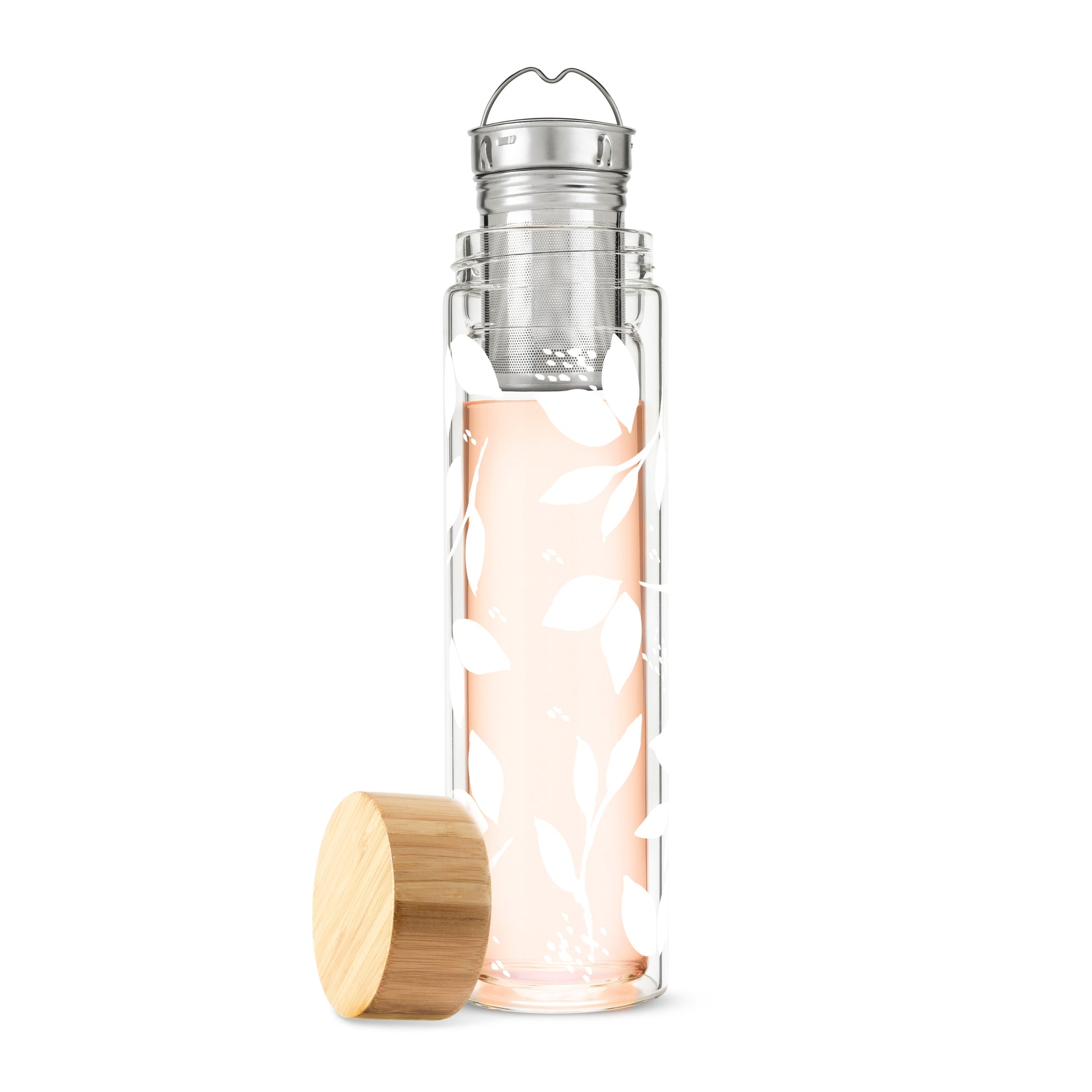Pinky Up Blair: White Leaf Pattern Glass Travel Infuser Mug