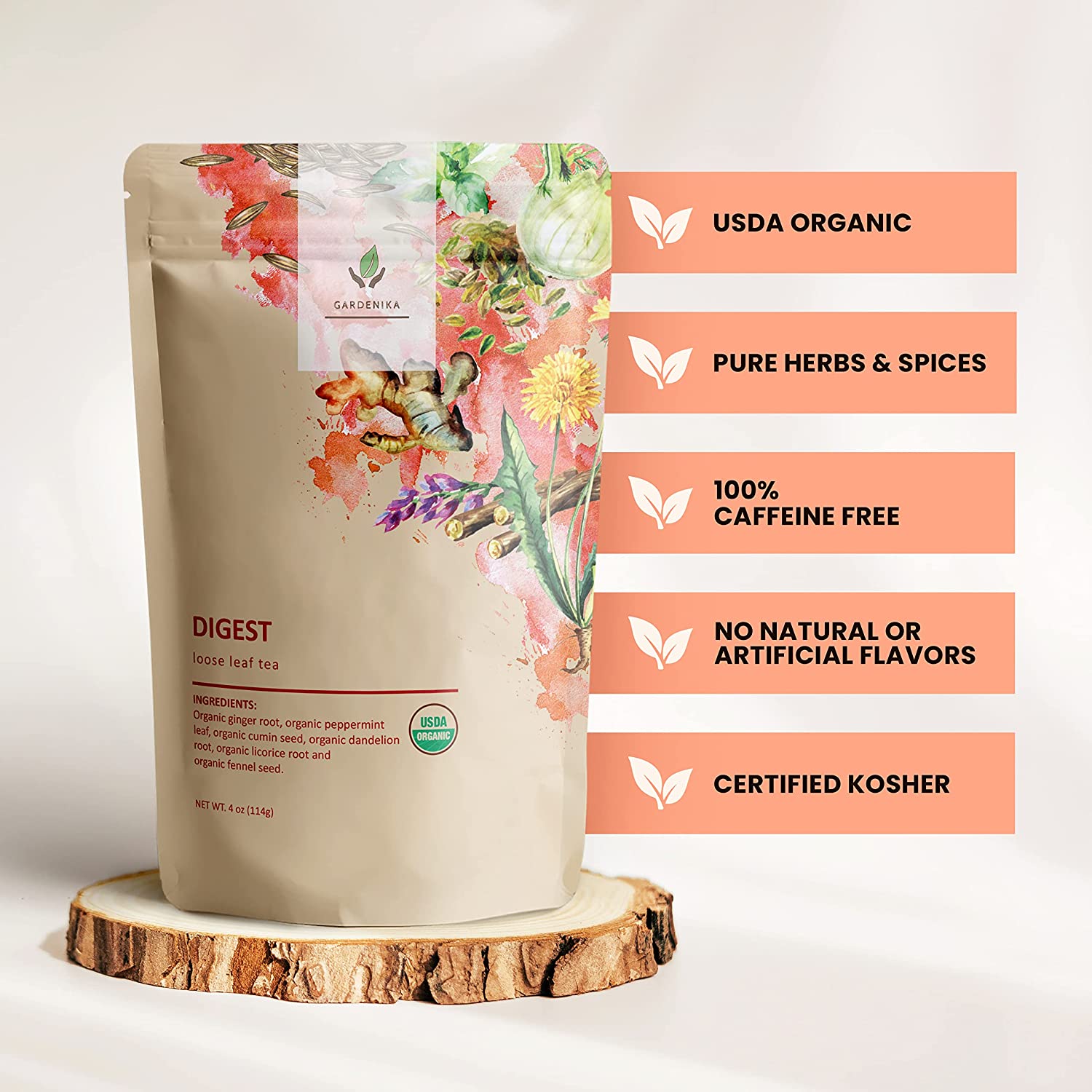 Gardenika Digest Loose Leaf Tea, USDA Organic, Kosher, Caffeine-Free - 4 oz (114g)