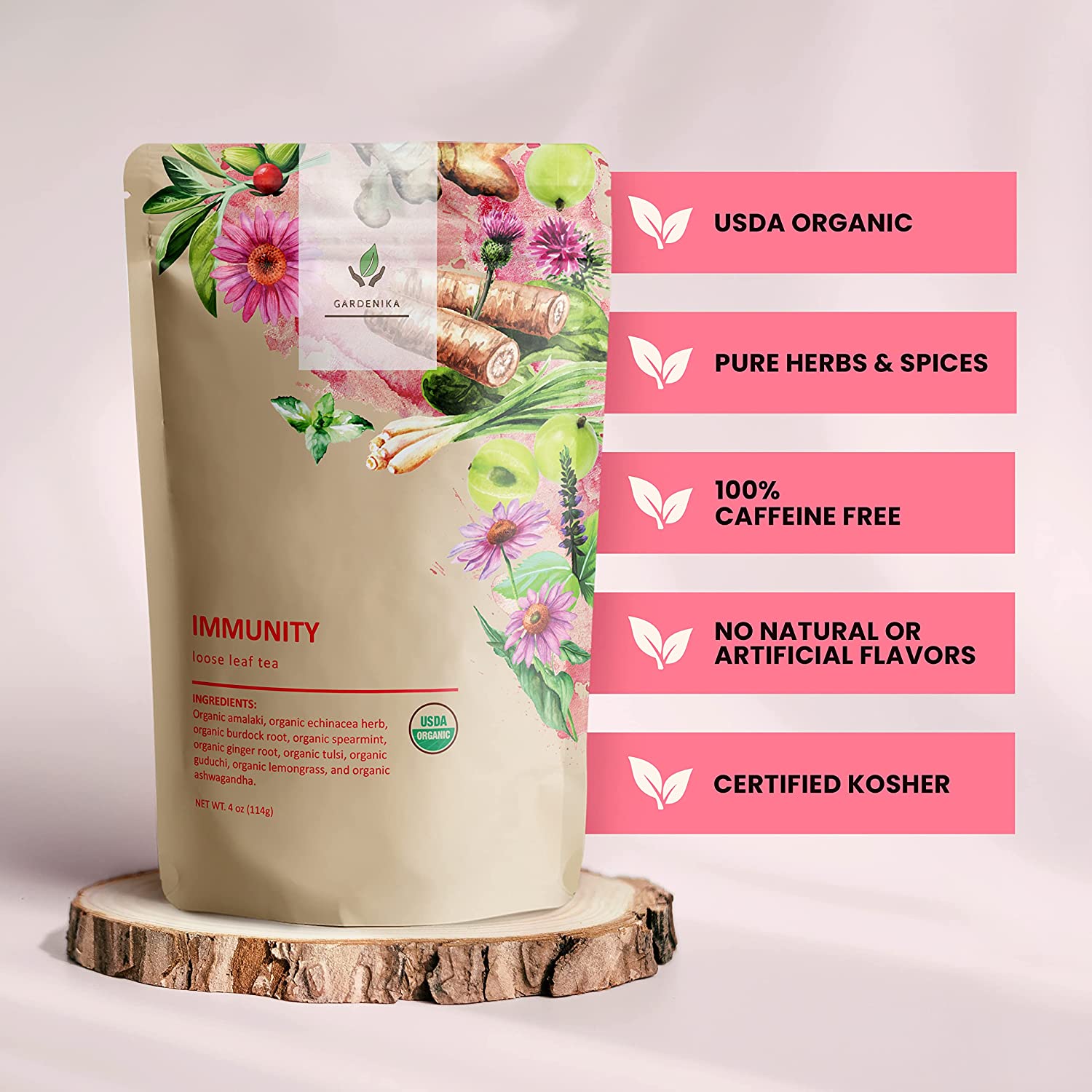 Gardenika Immunity Loose Leaf Herbal Tea, USDA Organic, Kosher, Caffeine-Free - 4 oz (114g)