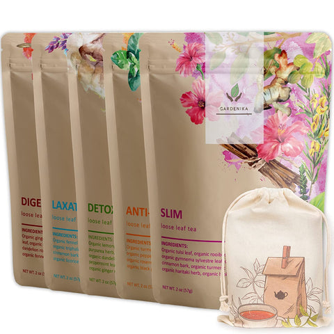 Gardenika Organic Loose Leaf Tea Sampler, Caffeine-Free Herbal Assortment, 120+ Cups – 5 Pack with various herbal tea blends.