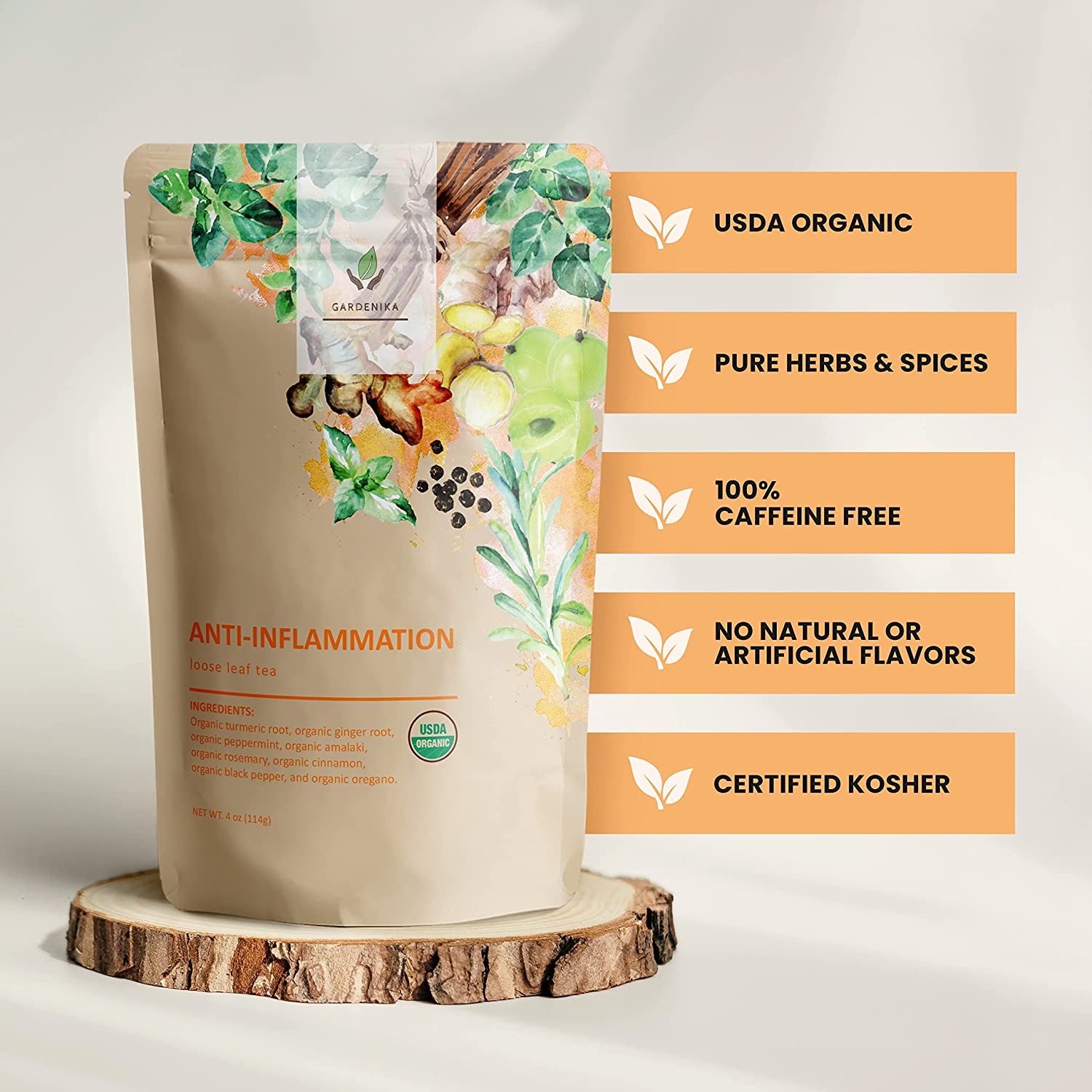 Gardenika Anti-Inflammatory Tea, Loose Leaf, USDA Organic, Kosher, Herbal & Caffeine-Free - 4 oz (114g)
