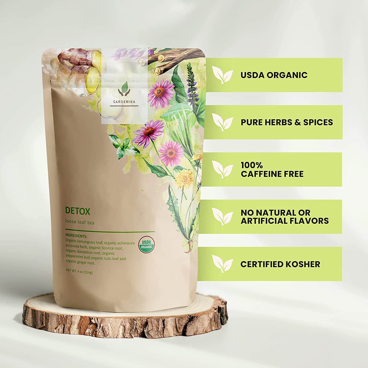 Gardenika Detox Loose Leaf Herbal Tea, USDA Organic, Kosher, Caffeine-Free - 4 oz (114g)