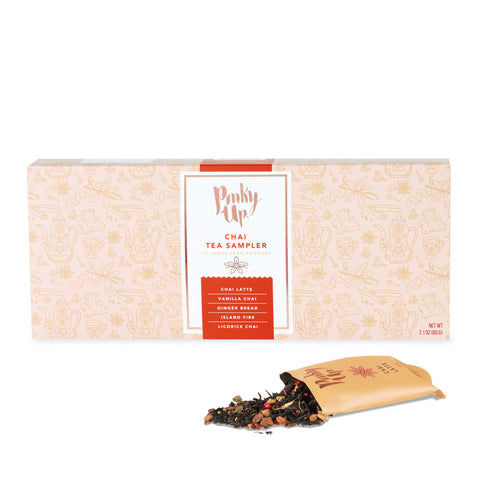 Pinky Up Chai Loose Leaf Tea Sampler by Pinky Up, featuring five blends in individual packets for brewing chai tea.
