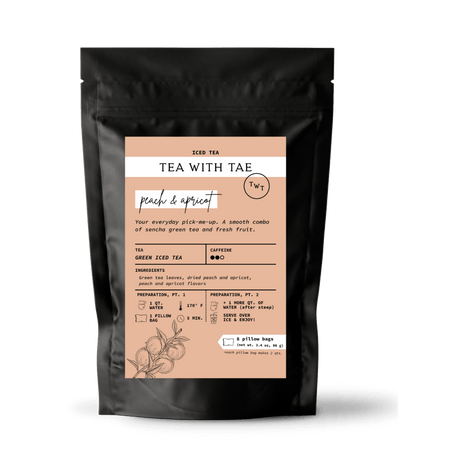 Tea with Tae Peach & Apricot Iced Green Tea Pouch, featuring eco-friendly pillow bags for brewing iced tea.