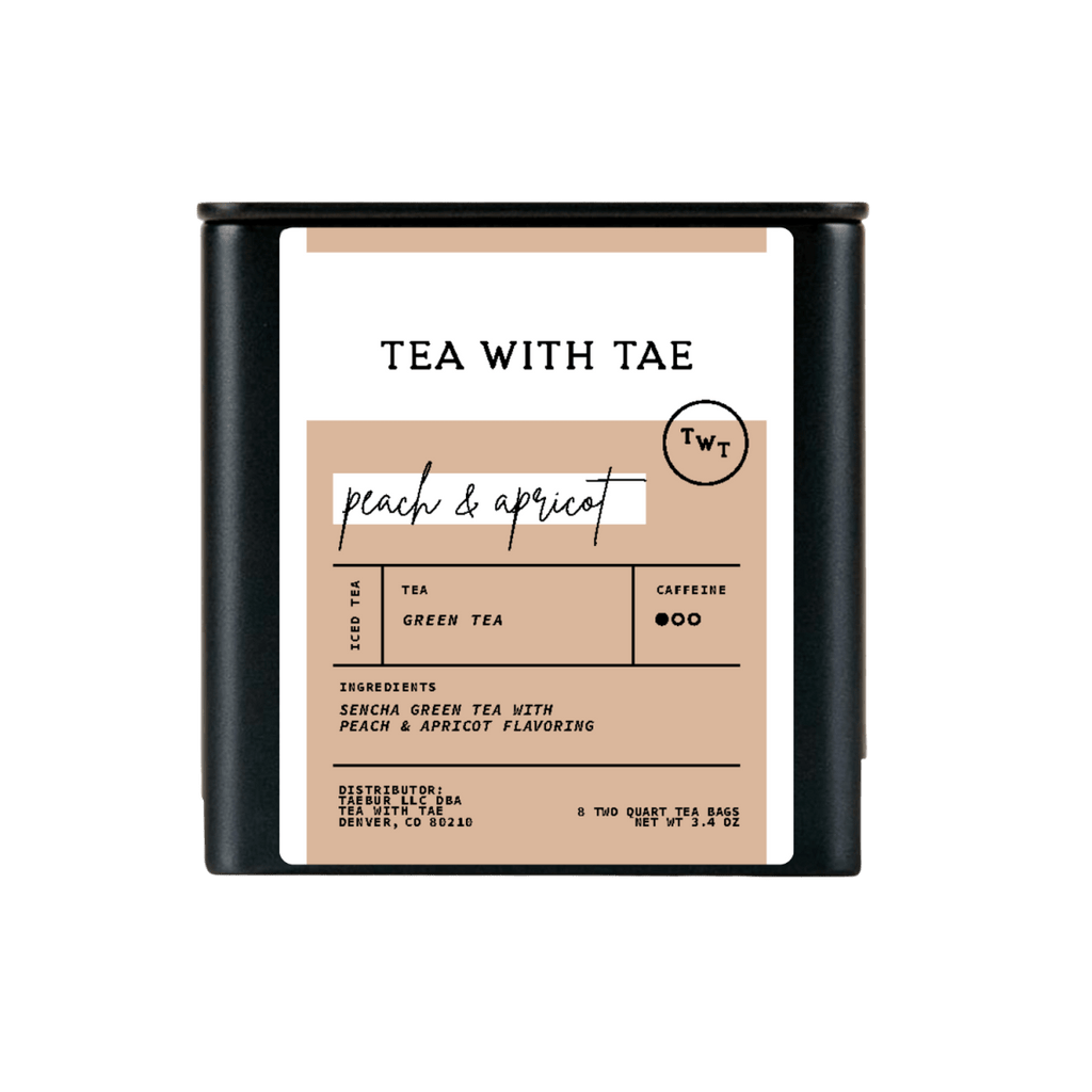 Tea with Tae Peach & Apricot Iced Tea Tin Gift (8 pillow bags) featuring eco-friendly tea sachets in a compact tin.