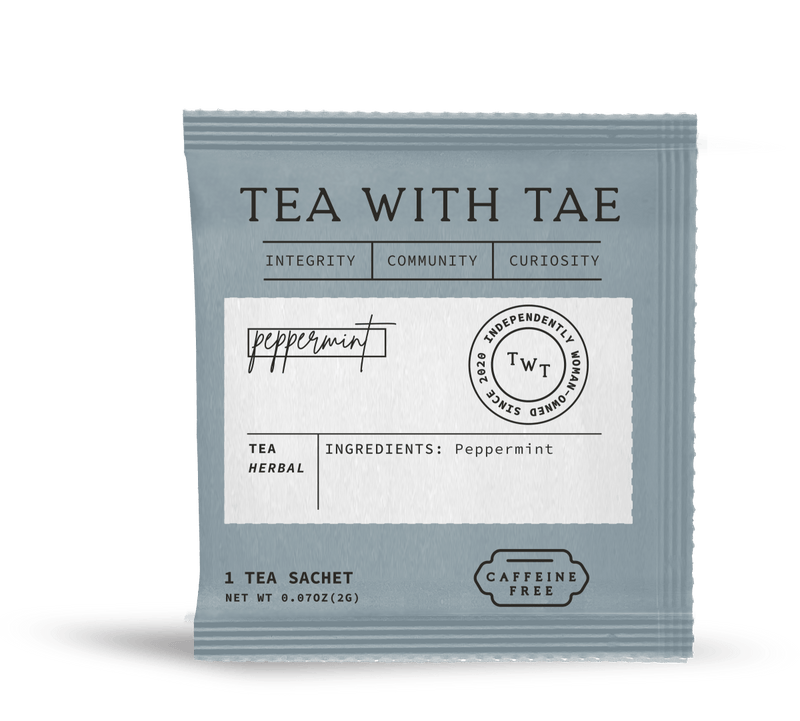 Tea with Tae Peppermint 50 ct. Overwrap Bag, bulk bag of 50 individually-wrapped caffeine-free peppermint tea bags.
