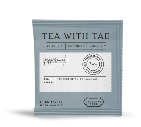 Tea with Tae Peppermint 50 ct. Overwrap Bag, bulk bag of 50 individually-wrapped caffeine-free peppermint tea bags.
