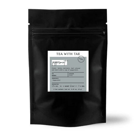 Tea with Tae Peppermint 5ct. Pouch, featuring 5 recyclable tea pyramid sachets filled with dried peppermint leaves.