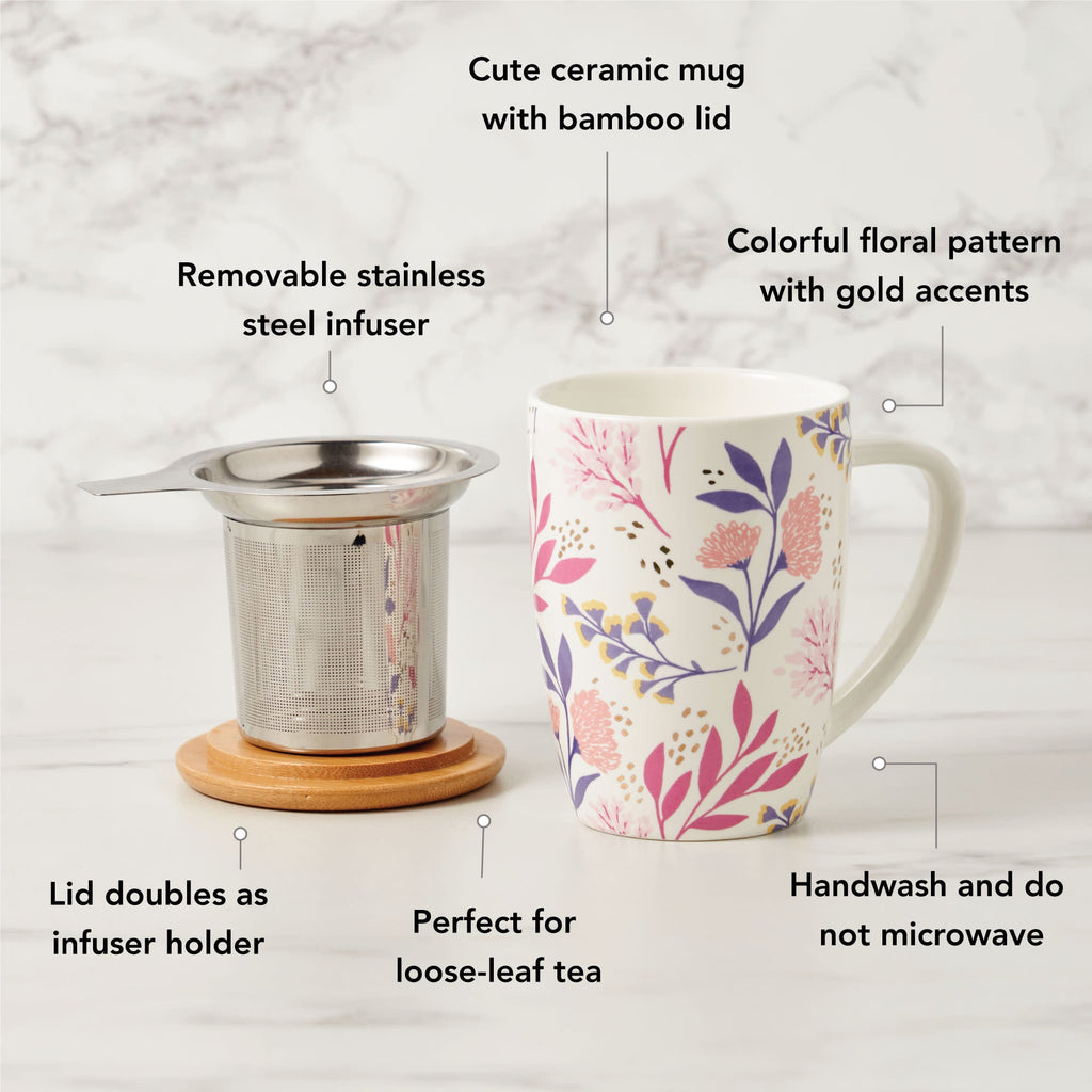 Pinky Up Bailey: Botanical Bliss Ceramic Tea Mug & Infuser featuring a floral design and a matching lid.
