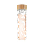 Pinky Up Blair: White Leaf Pattern Glass Travel Infuser Mug, 16 oz double-walled borosilicate glass with detachable infuser.