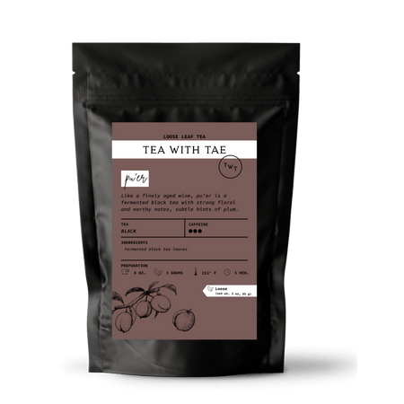 Tea with Tae Pu'er Loose Leaf Pouch (3oz. Loose Leaf Tea) displayed in a pouch, showcasing the high-quality black tea leaves.
