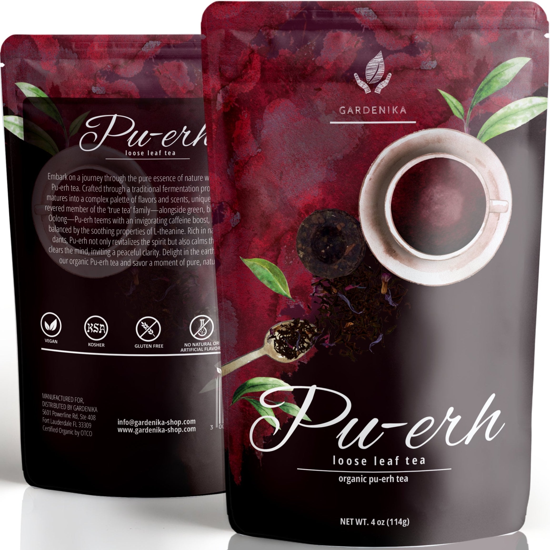 Gardenika Puerh Tea, Loose Leaf, USDA Organic, Chinese Black, 55+ Cups – 4 Oz (113g)