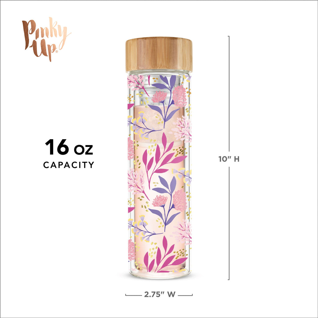 Pinky Up Blair: Botanical Bliss Glass Travel Infuser Mug with a clear glass design and a botanical pattern, ideal for on-the-go brewing.