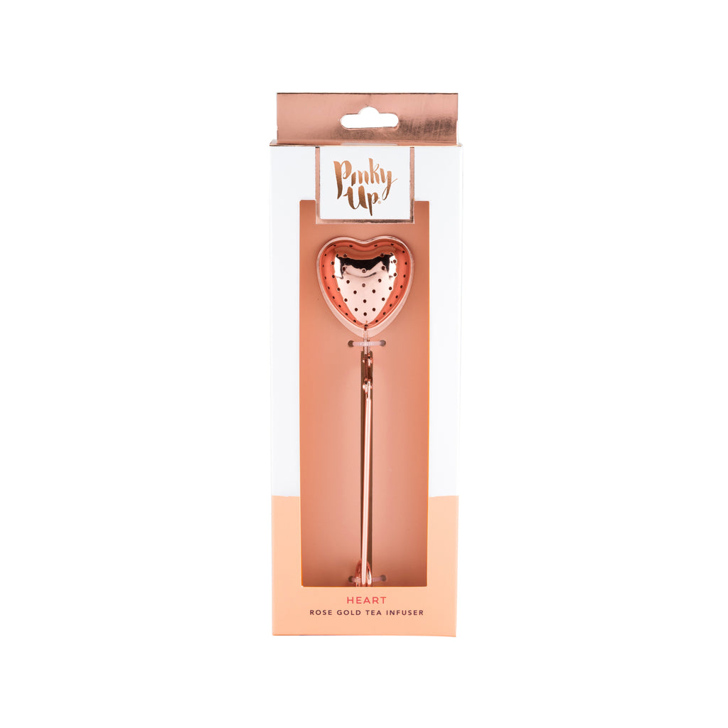 Pinky Up Rose Gold Heart Tea Infuser, a rose gold metal infuser shaped like a heart, perfect for brewing tea.
