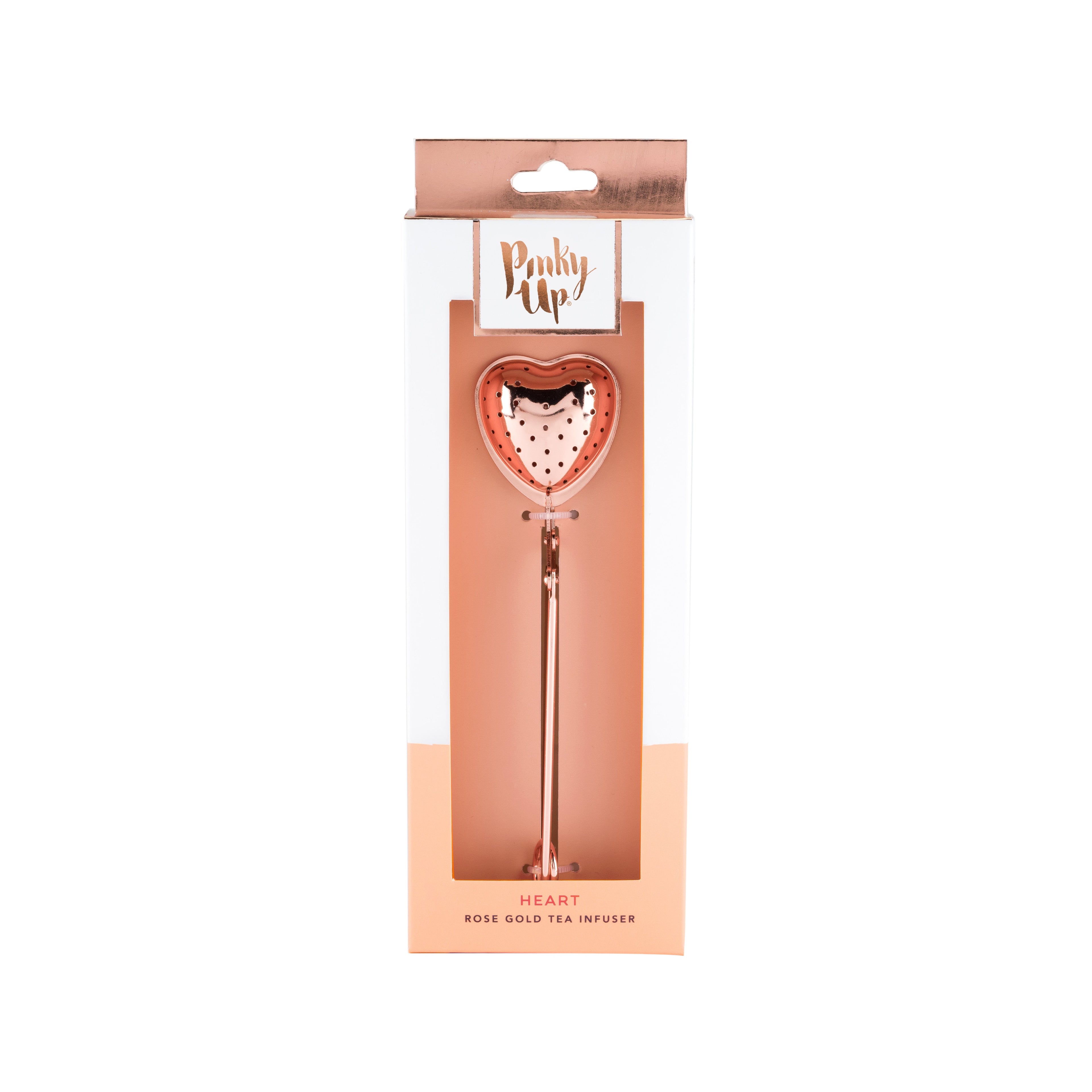 Pinky Up Rose Gold Heart Tea Infuser, a rose gold metal infuser shaped like a heart, perfect for brewing tea.