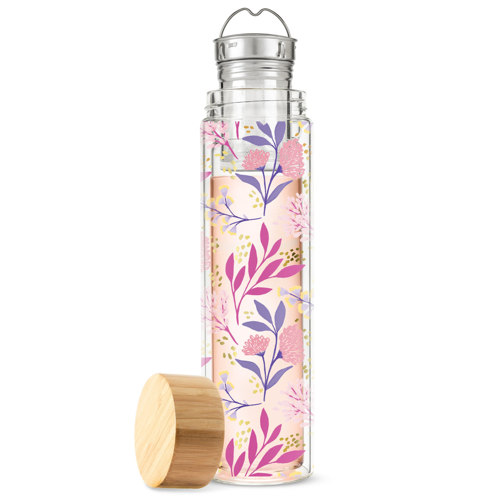 Pinky Up Blair: Botanical Bliss Glass Travel Infuser Mug with floral design and infuser for loose leaf tea.