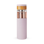 Pinky Up Dana Glass Travel Mug in Lavender, single-walled borosilicate glass with silicone sleeve, stainless steel strainer, and bamboo lid.