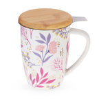 Pinky Up Bailey: Botanical Bliss Ceramic Tea Mug & Infuser with wooden lid and infuser holder, 12 oz capacity.