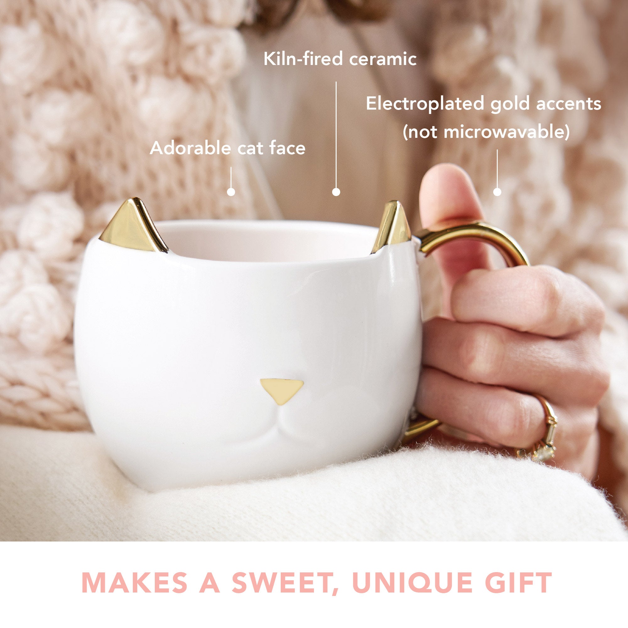 Pinky Up Chloe White Cat Mug featuring a cute cat design, ideal for cat lovers and tea or coffee enthusiasts.