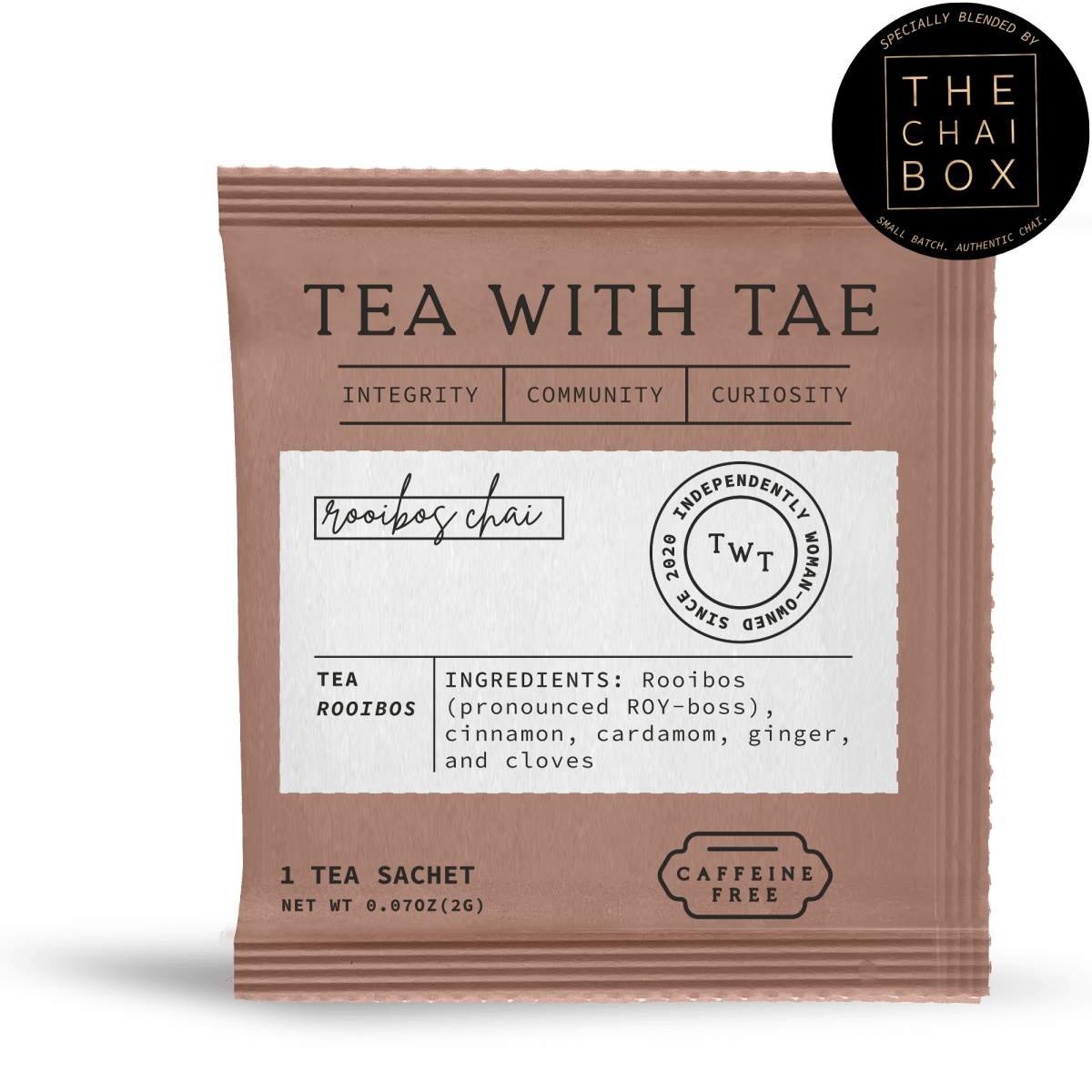 Tea with Tae Rooibos Chai 50 ct. Overwrap Bag showing bulk packaging of 50 individually-wrapped tea bags. Eco-friendly materials.