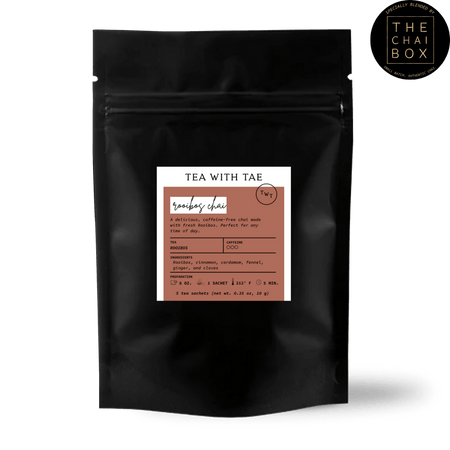 Tea with Tae Rooibos Chai 5ct. Pouch, featuring 5 biodegradable tea pyramid sachets with caffeine-free rooibos chai blend.