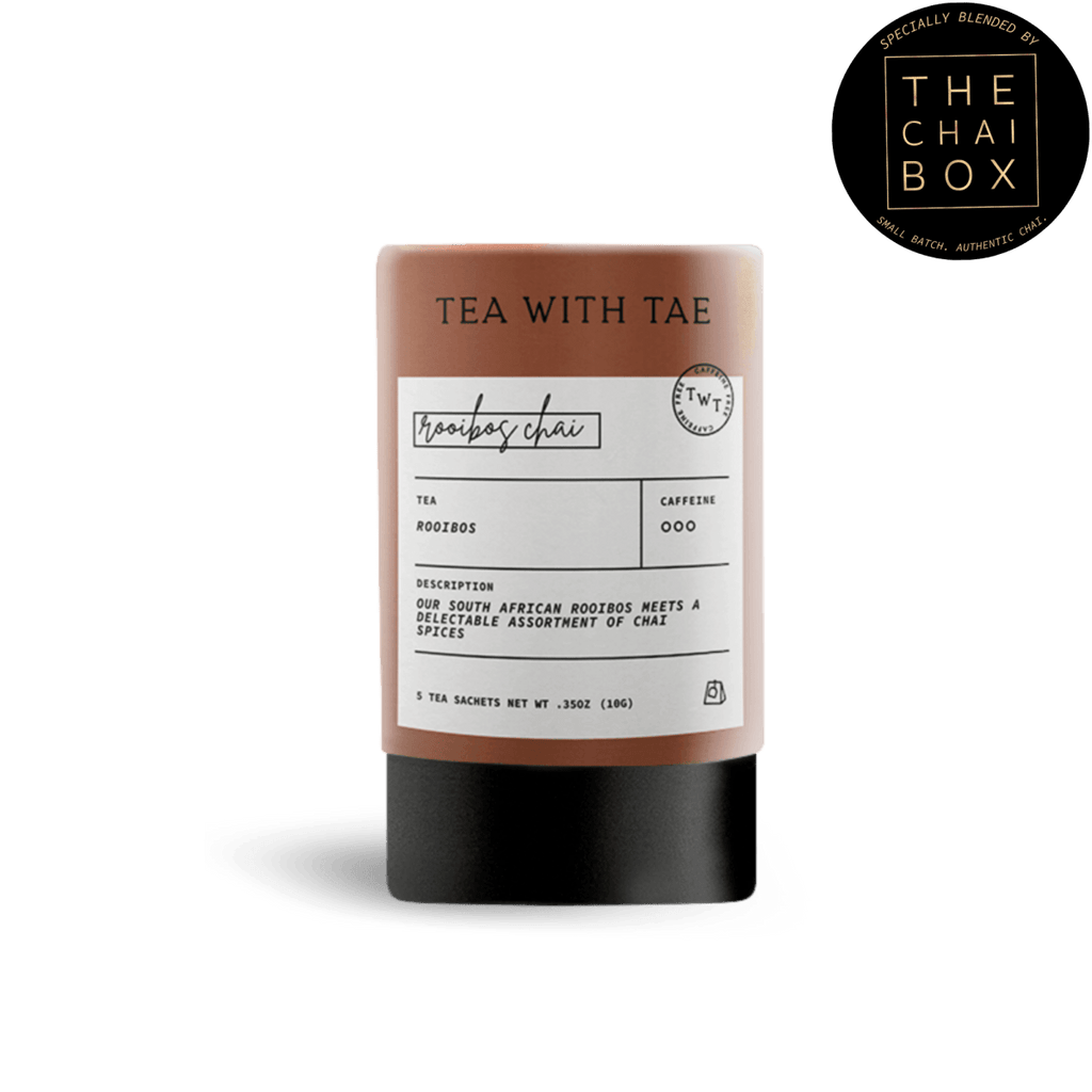 Tea with Tae Rooibos Chai Mini Tea Tube (5 tea bags) in eco-friendly packaging, showcasing 5 biodegradable tea sachets.
