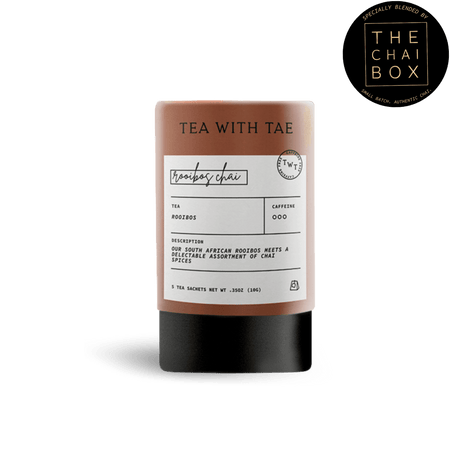 Tea with Tae Rooibos Chai Mini Tea Tube (5 tea bags) in eco-friendly packaging, showcasing 5 biodegradable tea sachets.