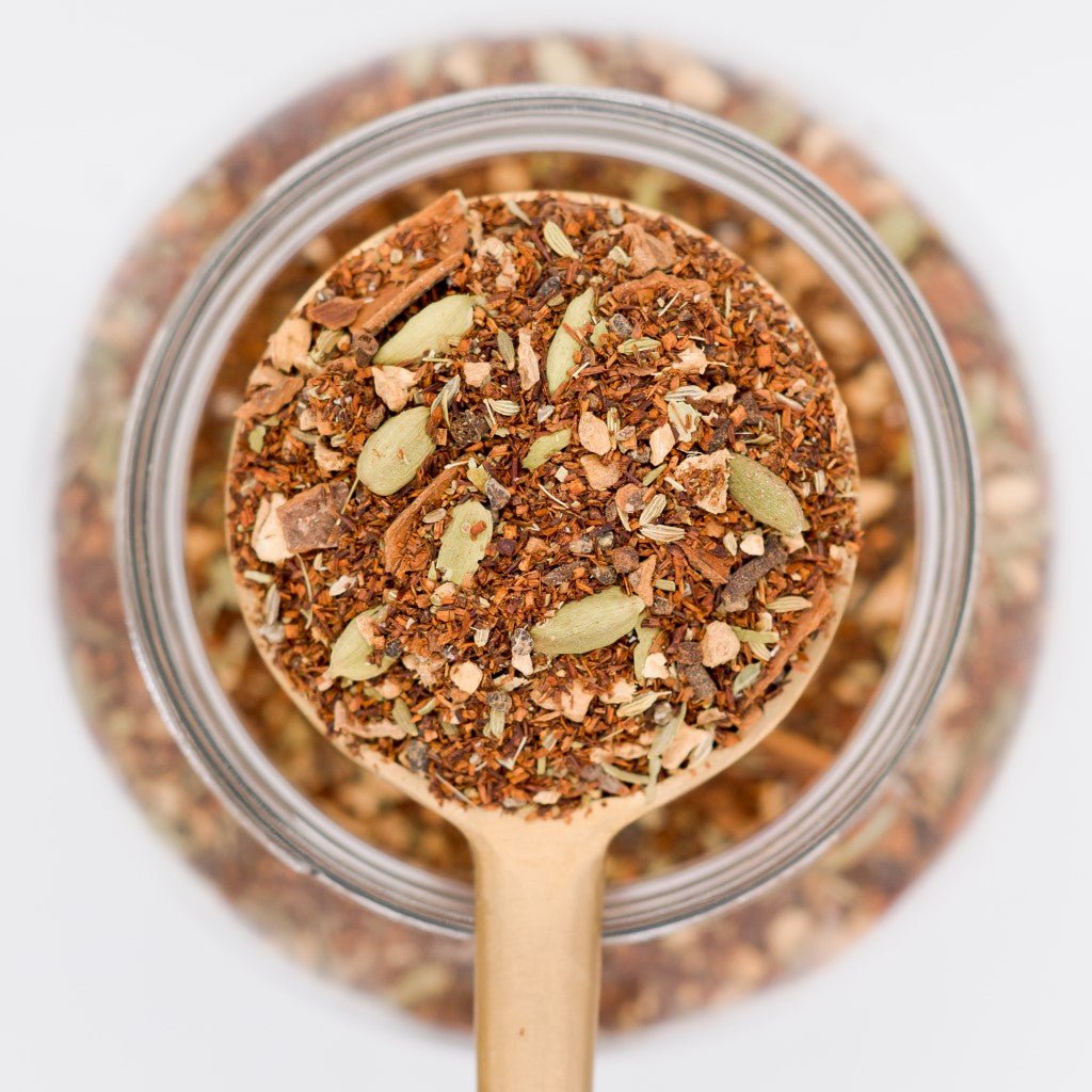 Tea with Tae Rooibos Chai Pouch, a red tea blend package displayed on a neutral background