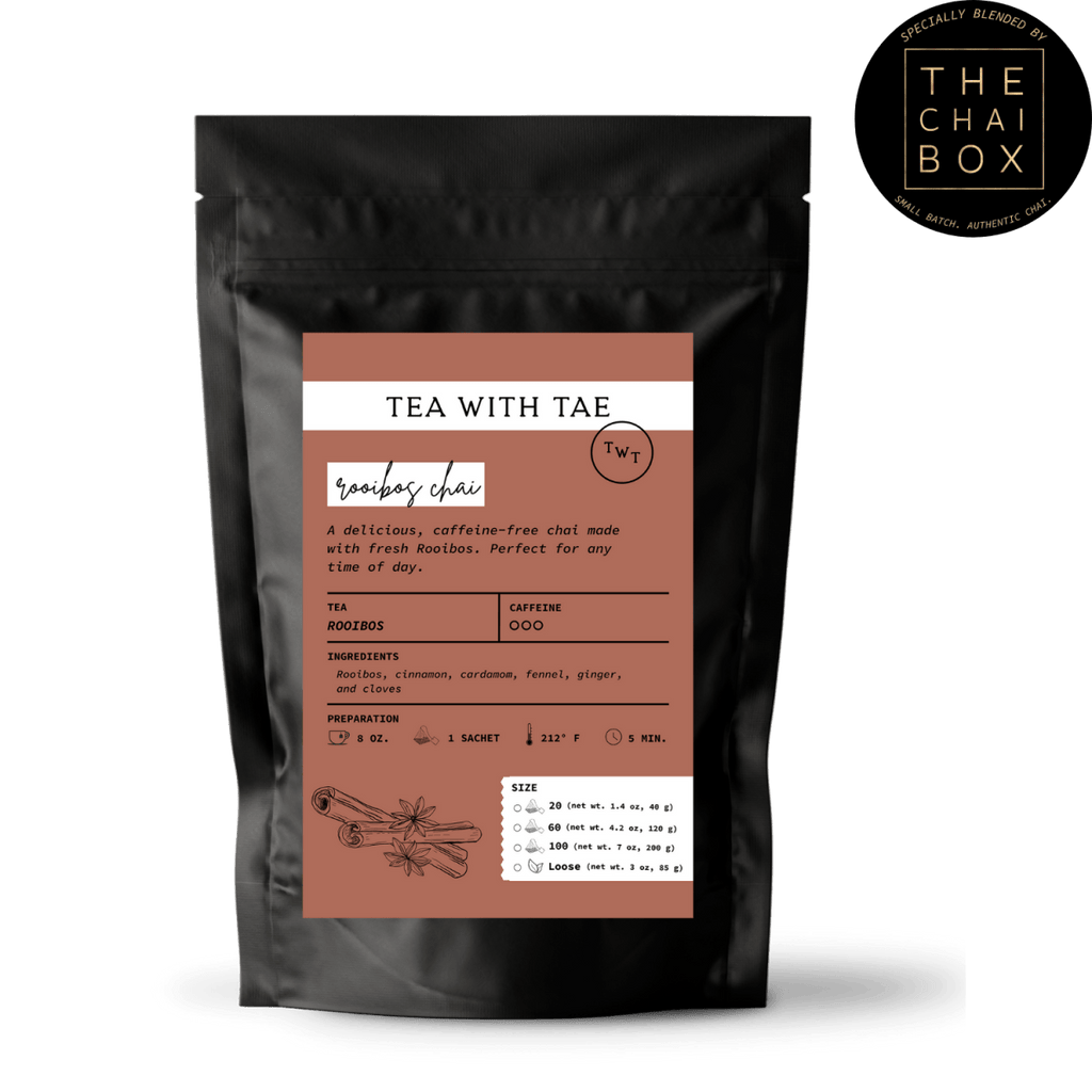Tea with Tae Rooibos Chai Pouch, a red tea blend in a sealed pouch, shown against a plain background.