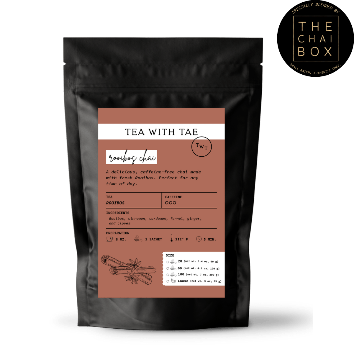 Tea with Tae Rooibos Chai Pouch, a red tea blend in a sealed pouch, shown against a plain background.