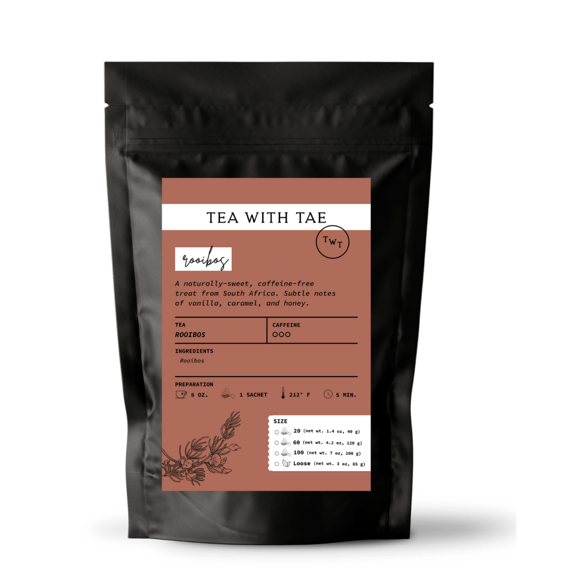 Tea with Tae Rooibos Pouch, a red herbal tea blend, in a colorful pouch with clear packaging, from Tea with Tae.