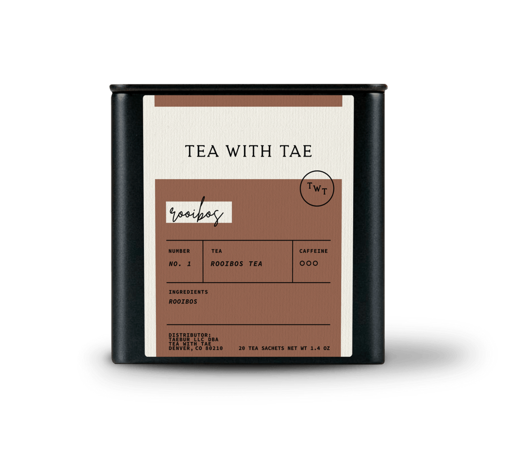 Tea with Tae Rooibos Tea Tin Gift (20 tea sachets) in eco-friendly tin, showcasing herbal red tea and biodegradable sachets.