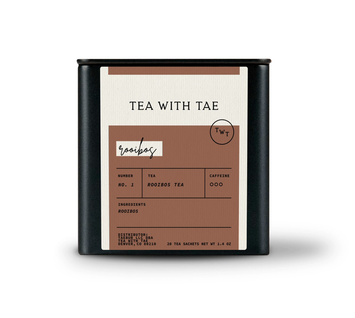 Tea with Tae Rooibos Tea Tin Gift (20 tea sachets) in eco-friendly tin, showcasing herbal red tea and biodegradable sachets.